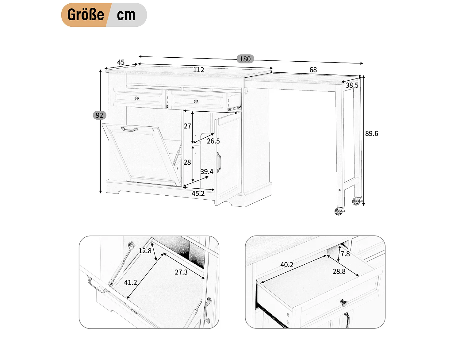 Uitschuifbaar keukeneiland 112-180 × 45 cm met afvalbak en 2 lades - Grijs