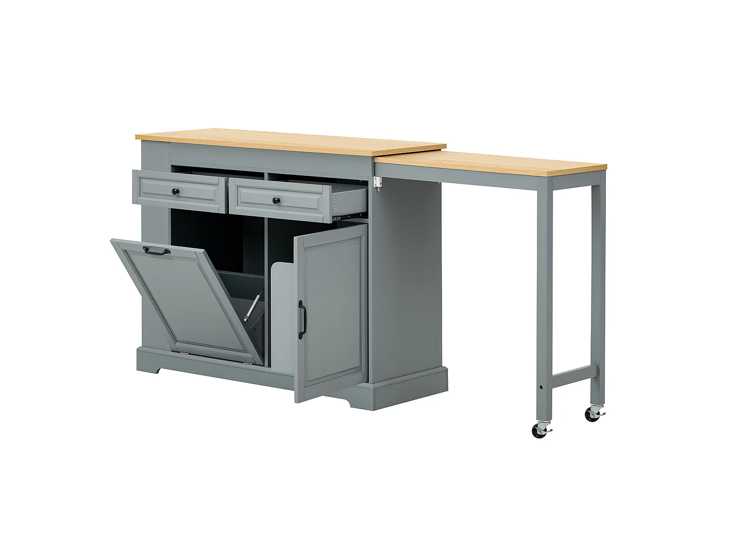 Uitschuifbaar keukeneiland 112-180 × 45 cm met afvalbak en 2 lades - Grijs