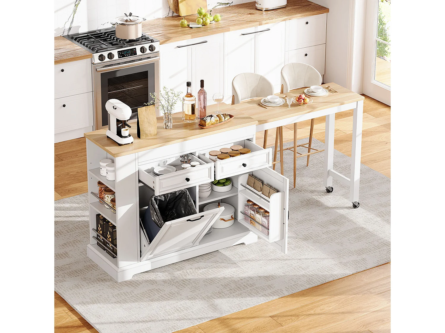 Uitschuifbaar keukeneiland 112-180 × 45 cm met afvalbak en 2 lades - Wit