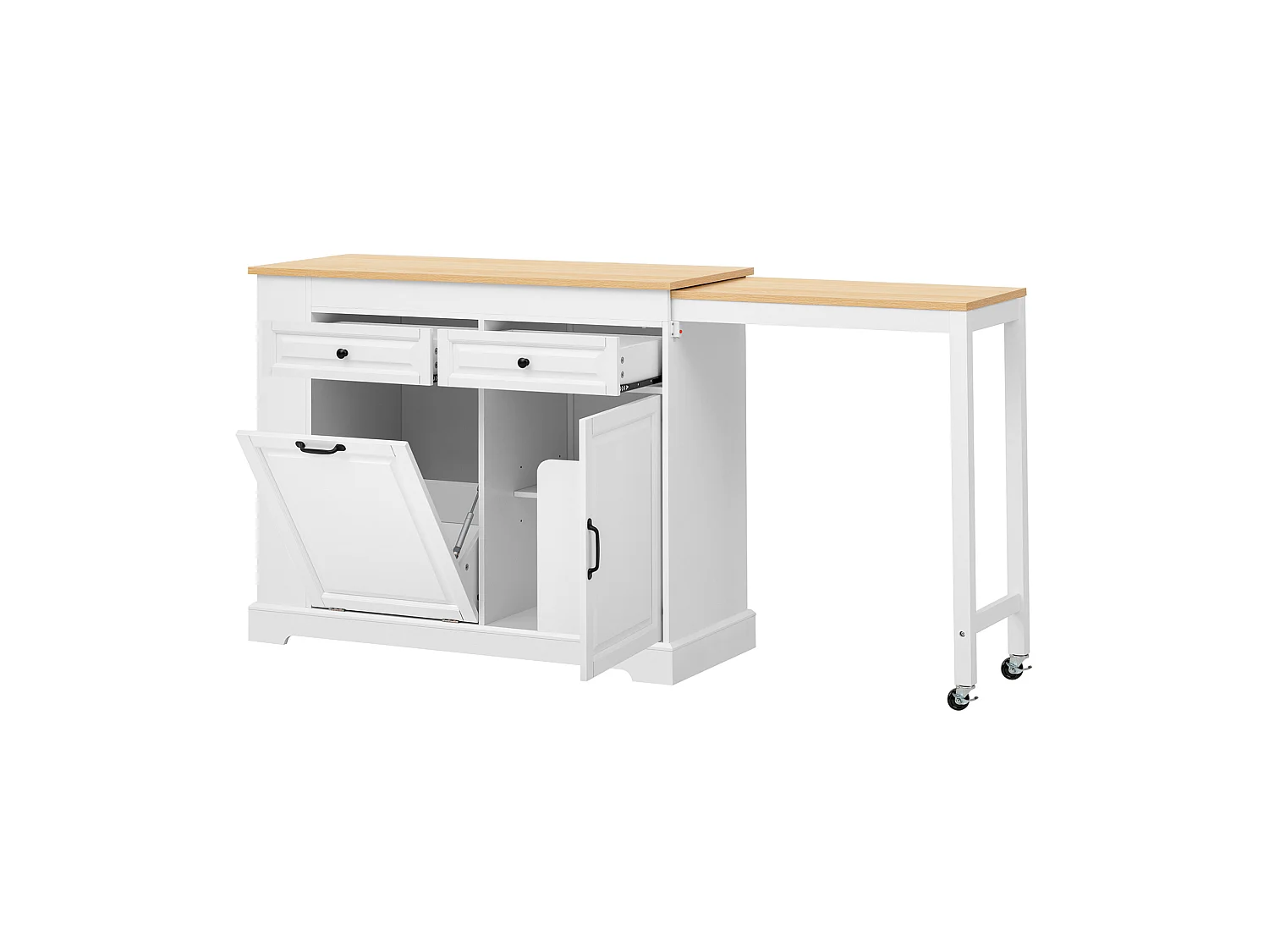 Uitschuifbaar keukeneiland 112-180 × 45 cm met afvalbak en 2 lades - Wit