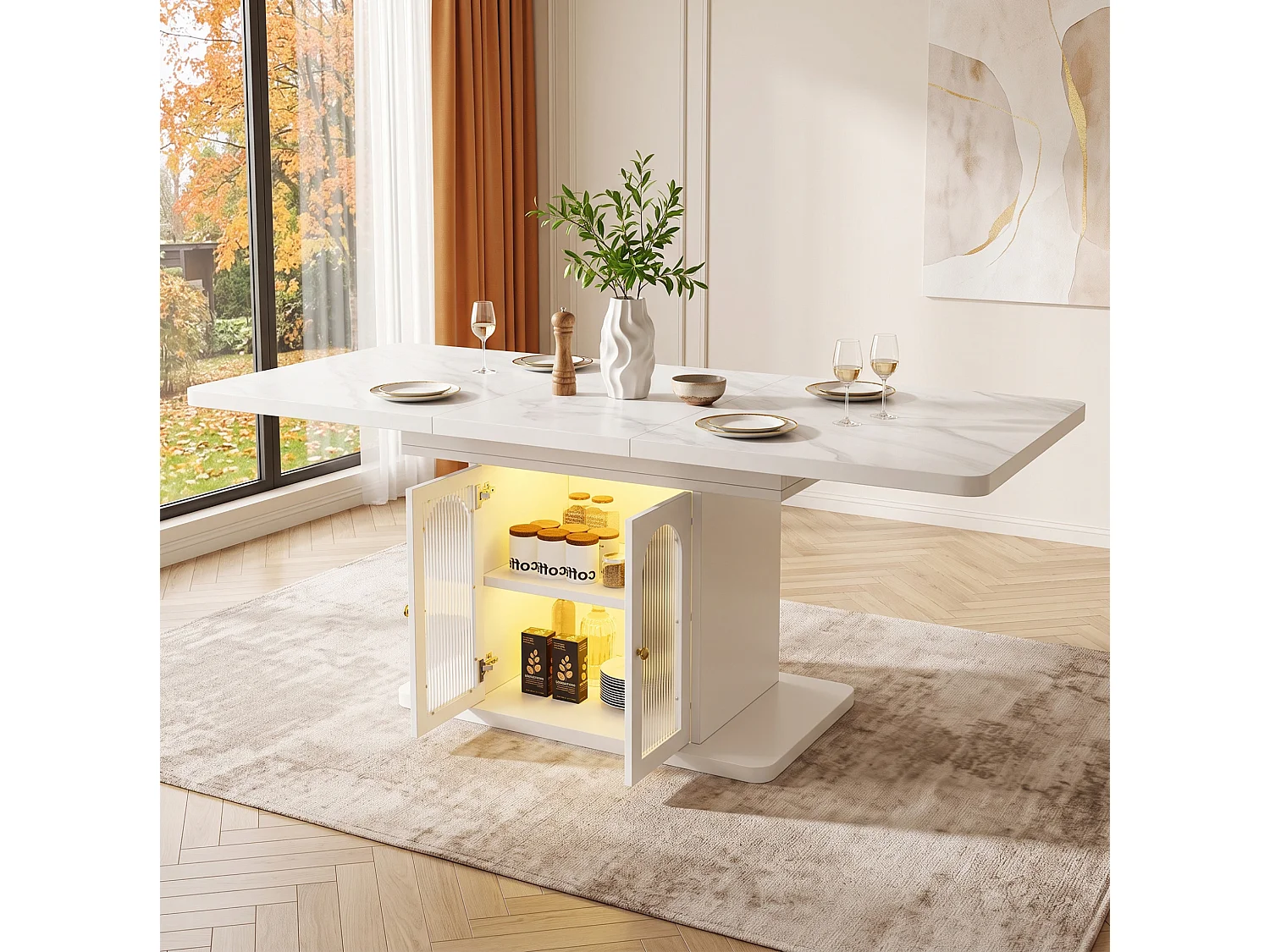Table à manger extensible 150/200 x 80 cm blanc avec rangement et LED - Plateau effet marbre