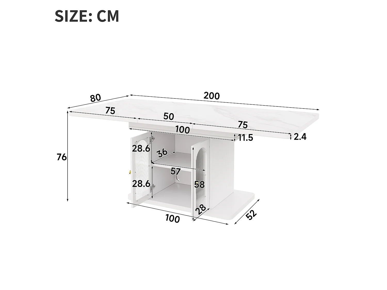 Table à manger extensible 150/200 x 80 cm blanc avec rangement et LED - Plateau effet marbre
