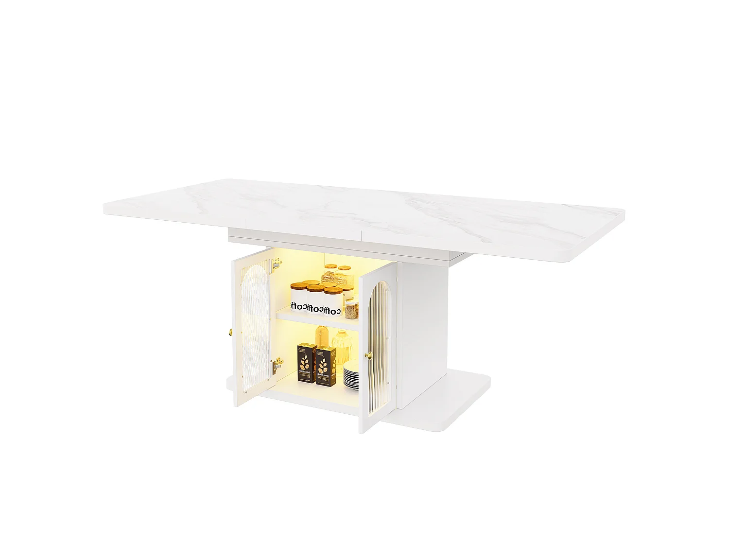Table à manger extensible 150/200 x 80 cm blanc avec rangement et LED - Plateau effet marbre