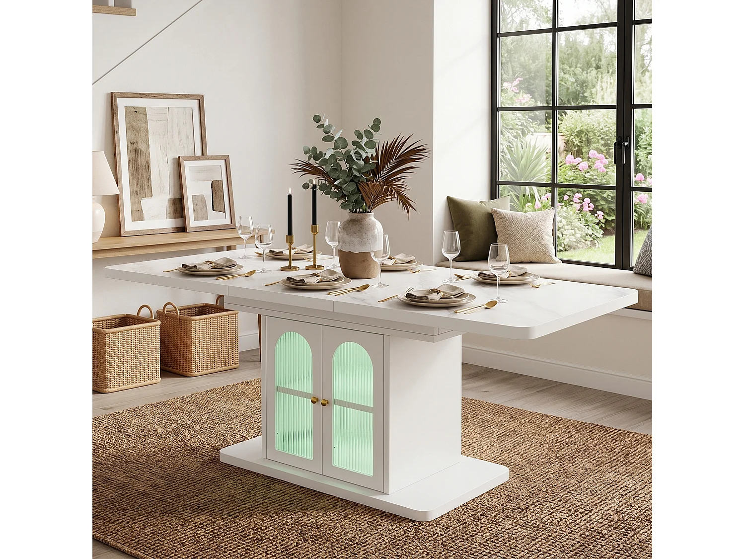 Table à manger extensible 150/200 x 80 cm blanc avec rangement et LED - Plateau effet marbre