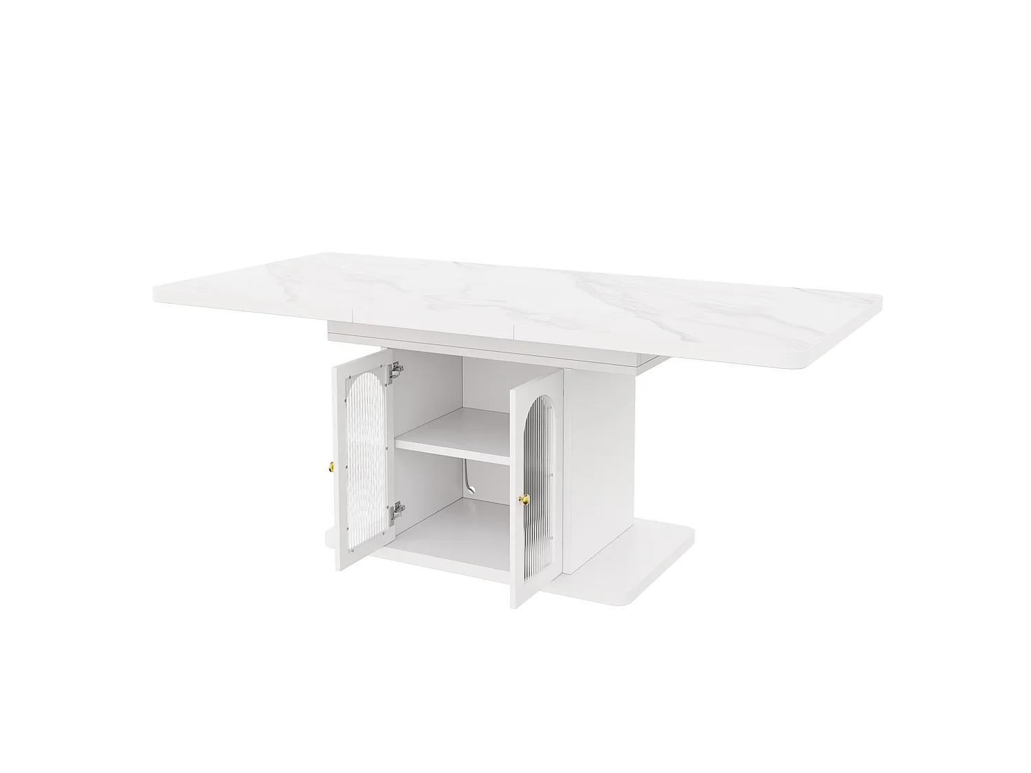 Table à manger extensible 150/200 x 80 cm blanc avec rangement et LED - Plateau effet marbre