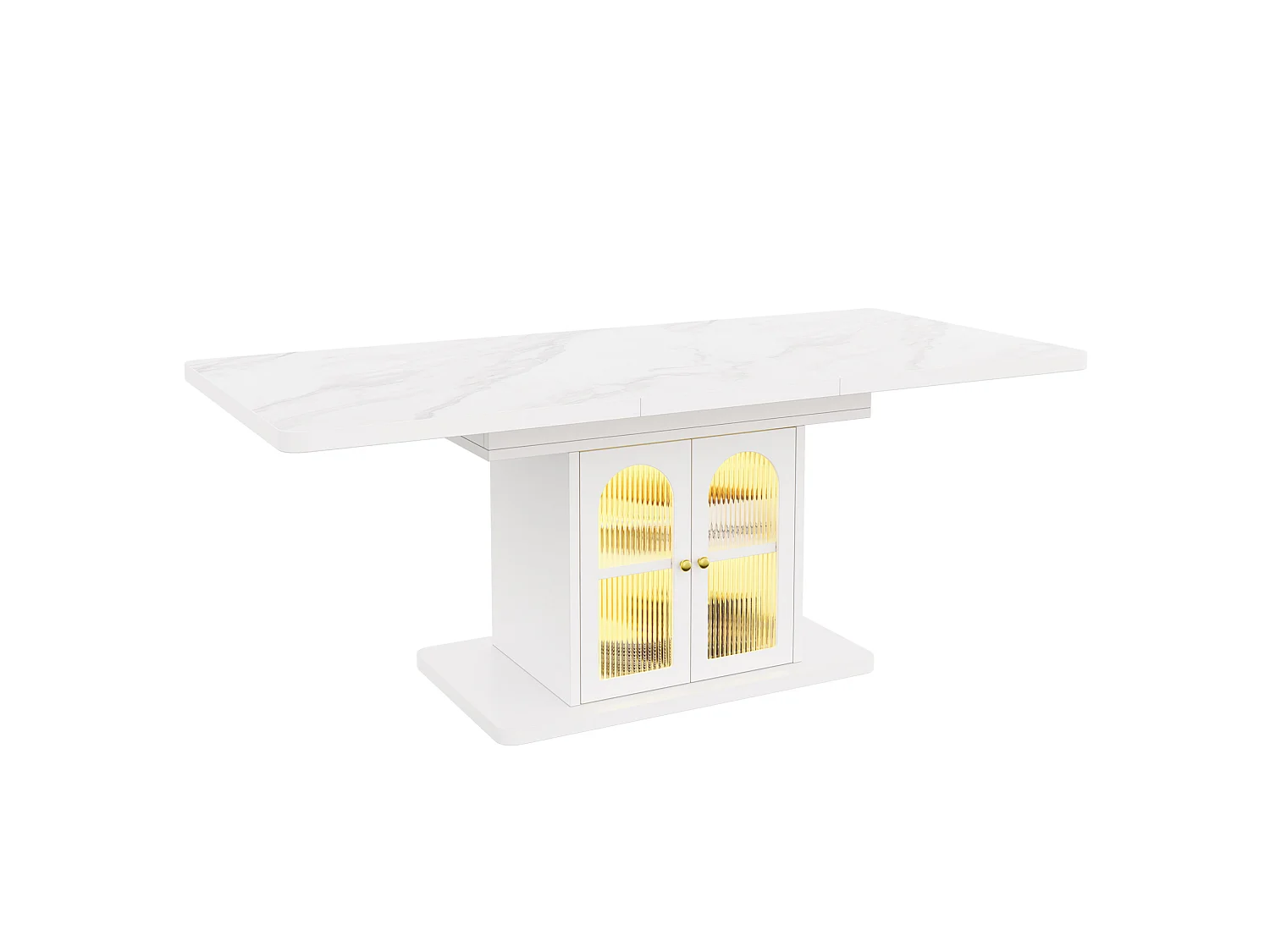 Table à manger extensible 150/200 x 80 cm blanc avec rangement et LED - Plateau effet marbre