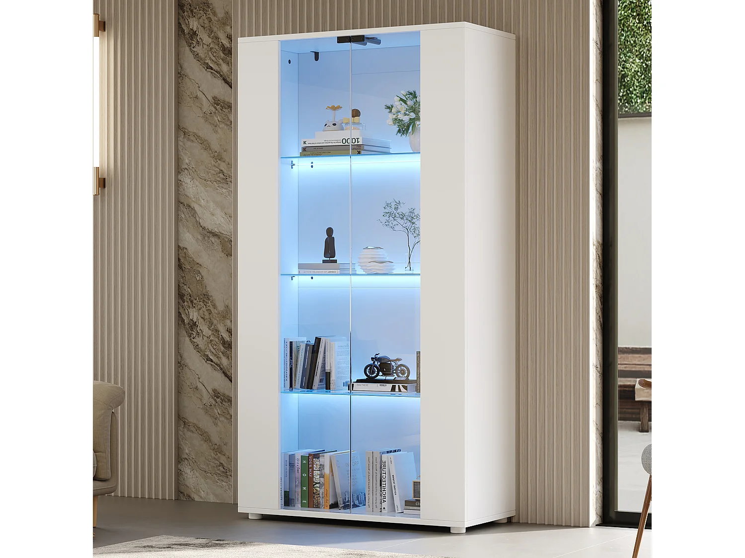 Vitrine 80x36x150cm - avec 2 portes vitrées et 4 étagères - lumières LED à intensité variable - Blanc