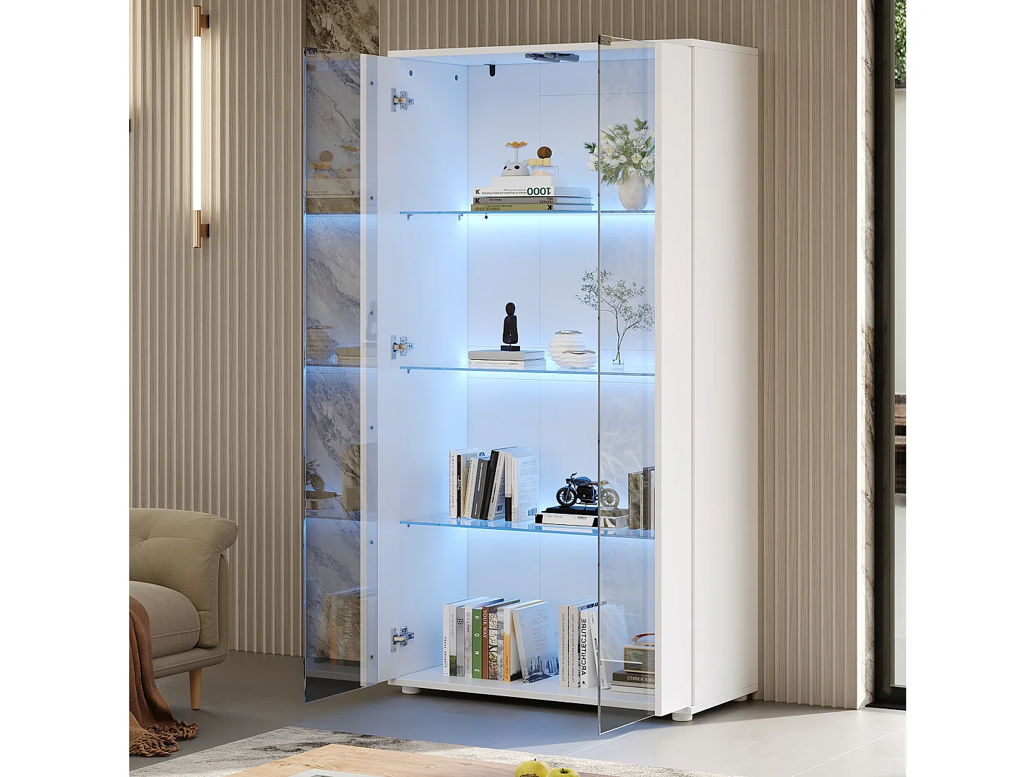 Vitrine 80x36x150cm - avec 2 portes vitrées et 4 étagères - lumières LED à intensité variable - Blanc
