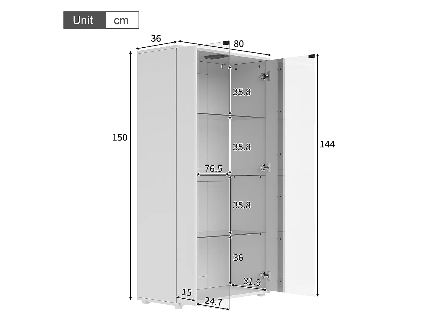 Vitrine 80x36x150cm - avec 2 portes vitrées et 4 étagères - lumières LED à intensité variable - Blanc