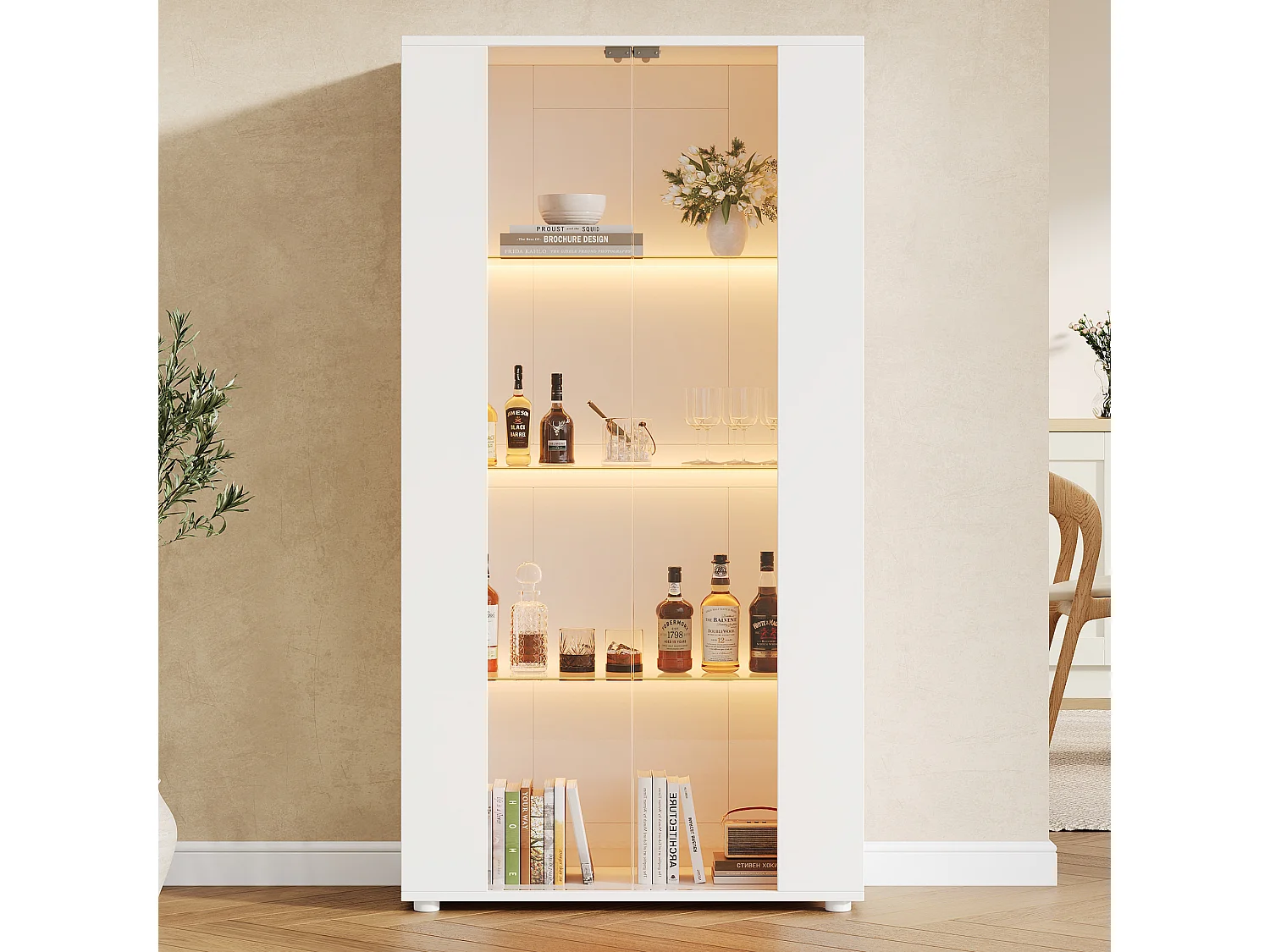 Vitrine 80x36x150cm - avec 2 portes vitrées et 4 étagères - lumières LED à intensité variable - Blanc