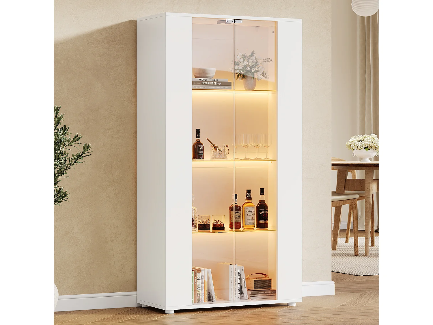 Vitrine 80x36x150cm - avec 2 portes vitrées et 4 étagères - lumières LED à intensité variable - Blanc