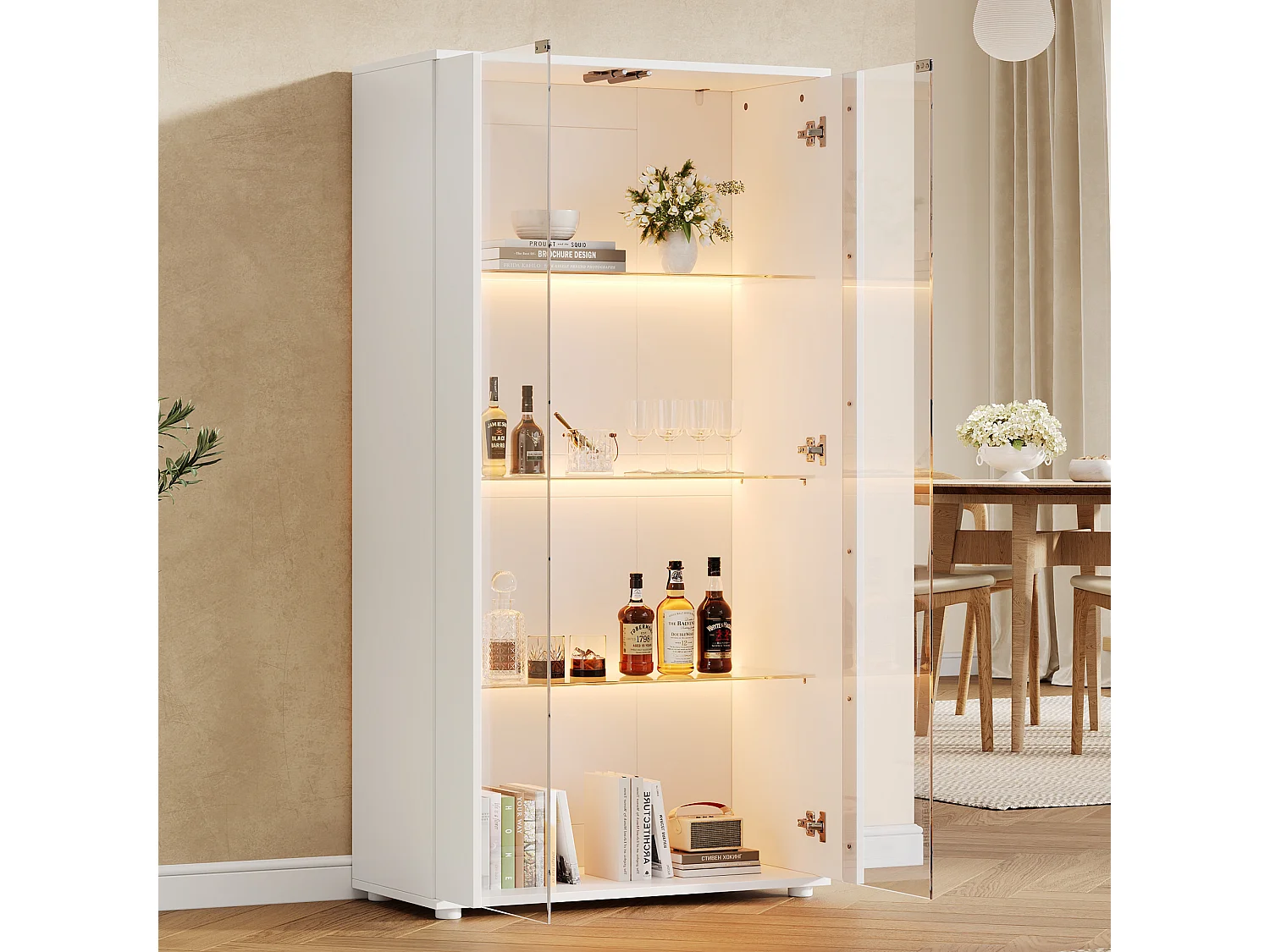 Vitrine 80x36x150cm - avec 2 portes vitrées et 4 étagères - lumières LED à intensité variable - Blanc