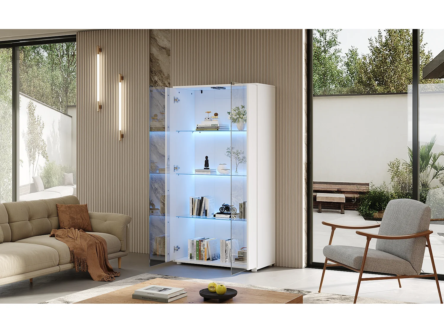 Vitrine 80x36x150cm - avec 2 portes vitrées et 4 étagères - lumières LED à intensité variable - Blanc