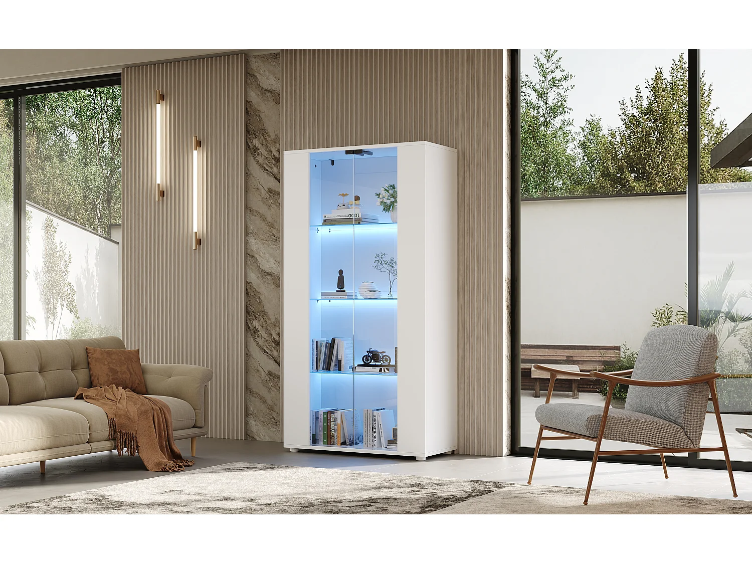 Vitrine 80x36x150cm - avec 2 portes vitrées et 4 étagères - lumières LED à intensité variable - Blanc