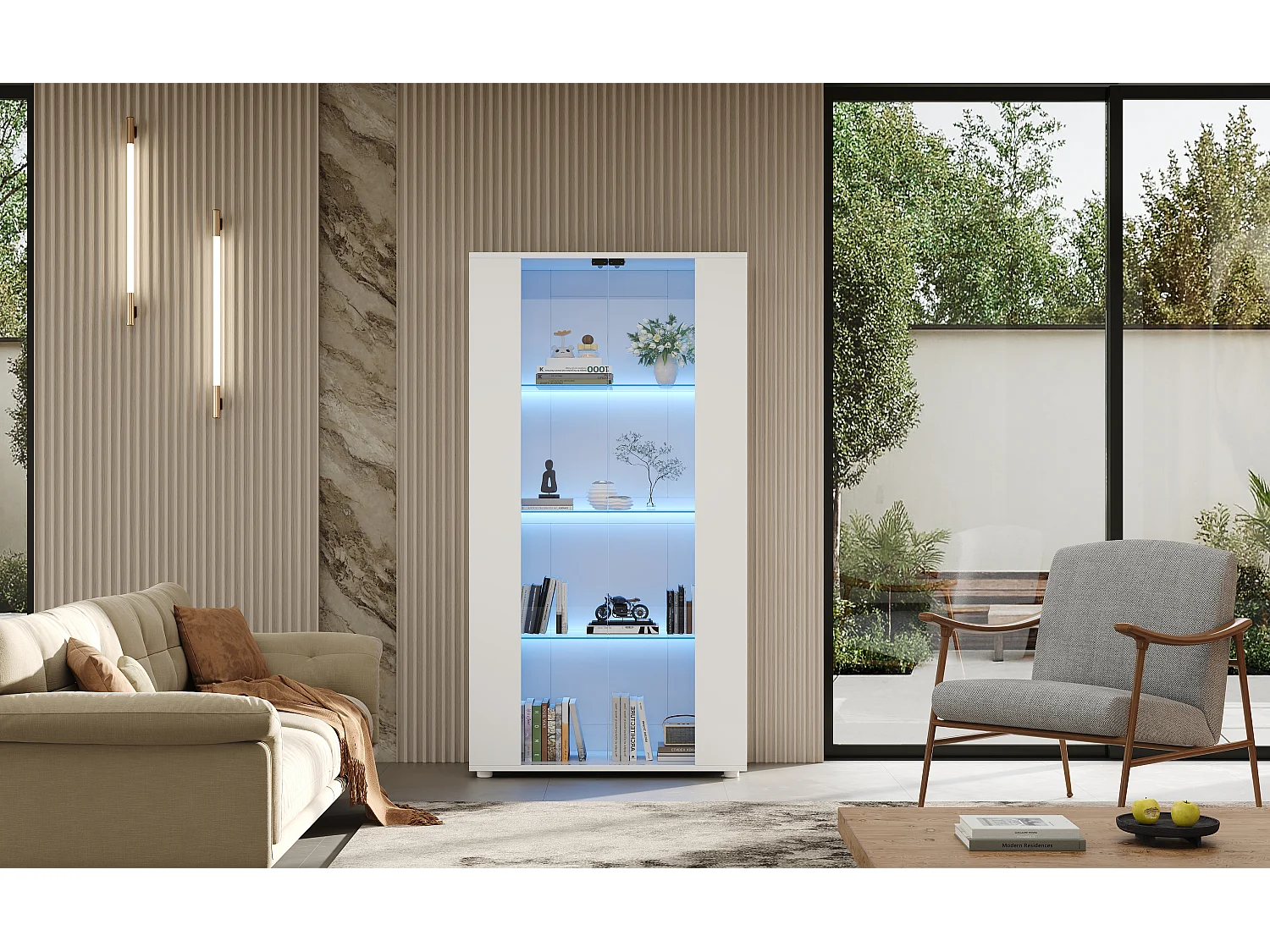 Vitrine 80x36x150cm - avec 2 portes vitrées et 4 étagères - lumières LED à intensité variable - Blanc