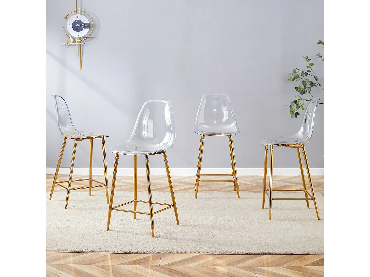Lot de 4 tabourets de bar transparents avec structure métallique dorée