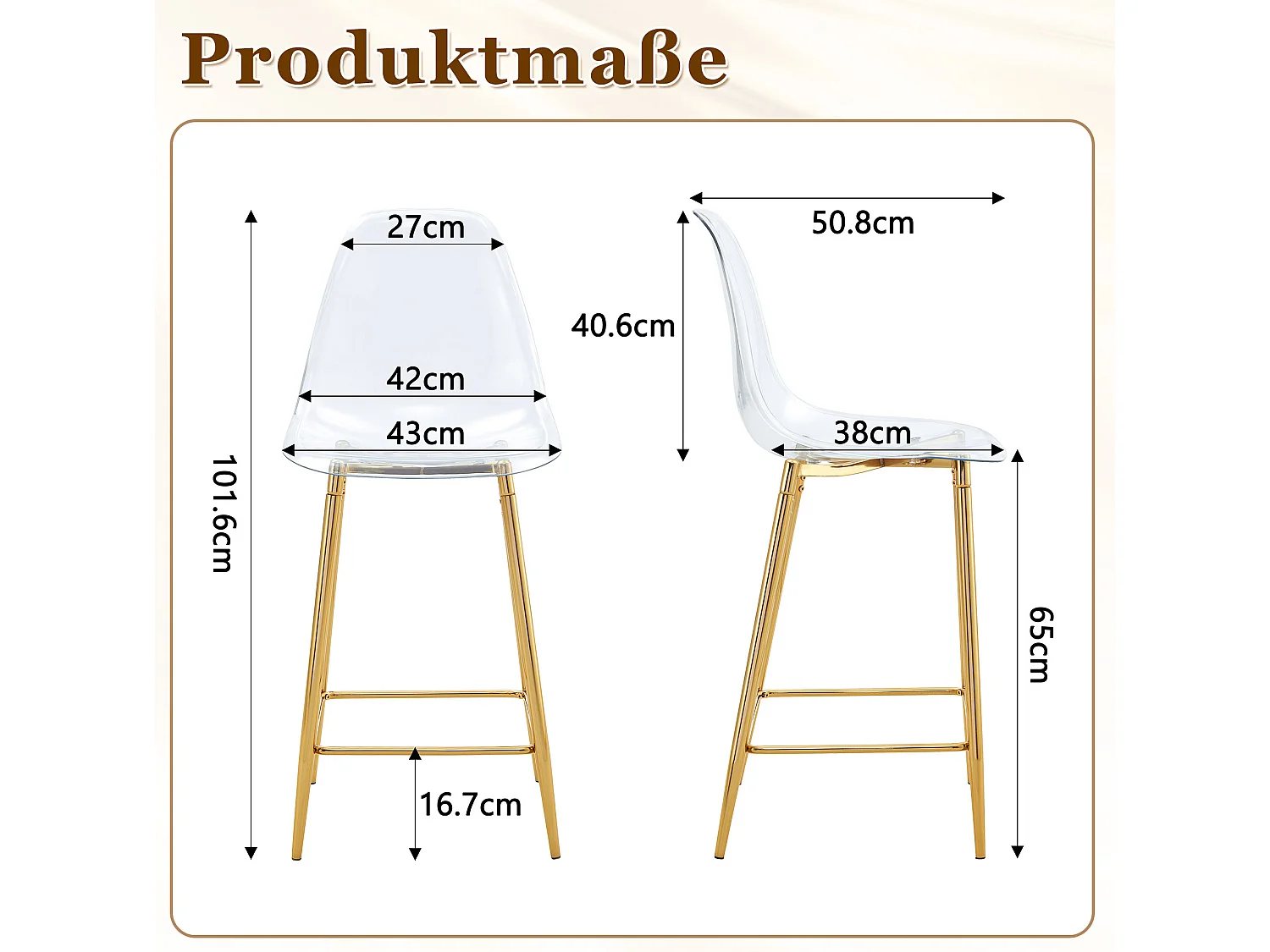Lot de 4 tabourets de bar transparents avec structure métallique dorée