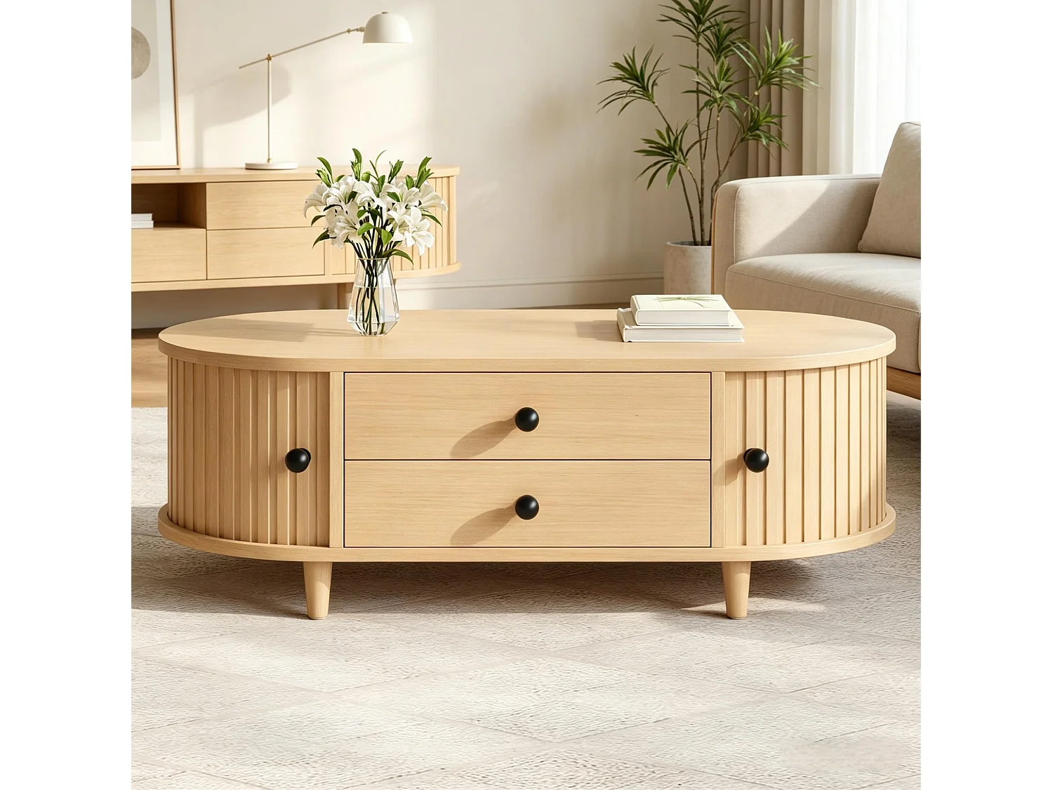 Natuurlijke salontafel met 2 schuifdeuren en 2 lades