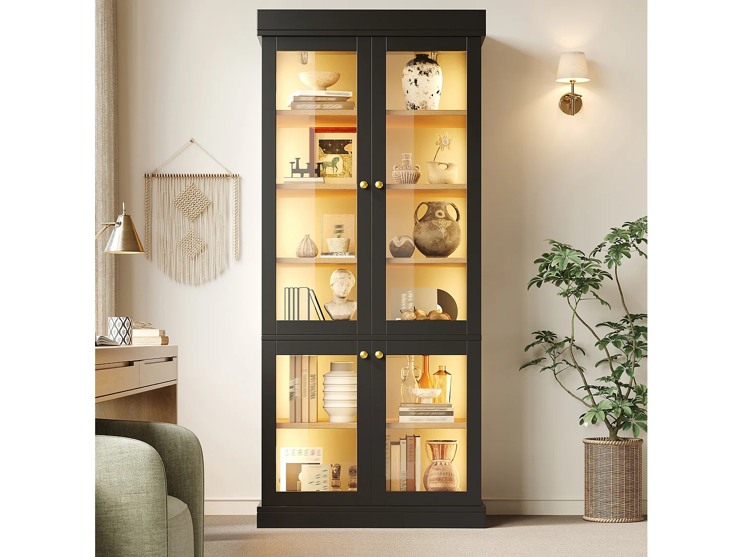 Vitrine haute 80x40x180 cm avec LED et 4 portes verre - Noir