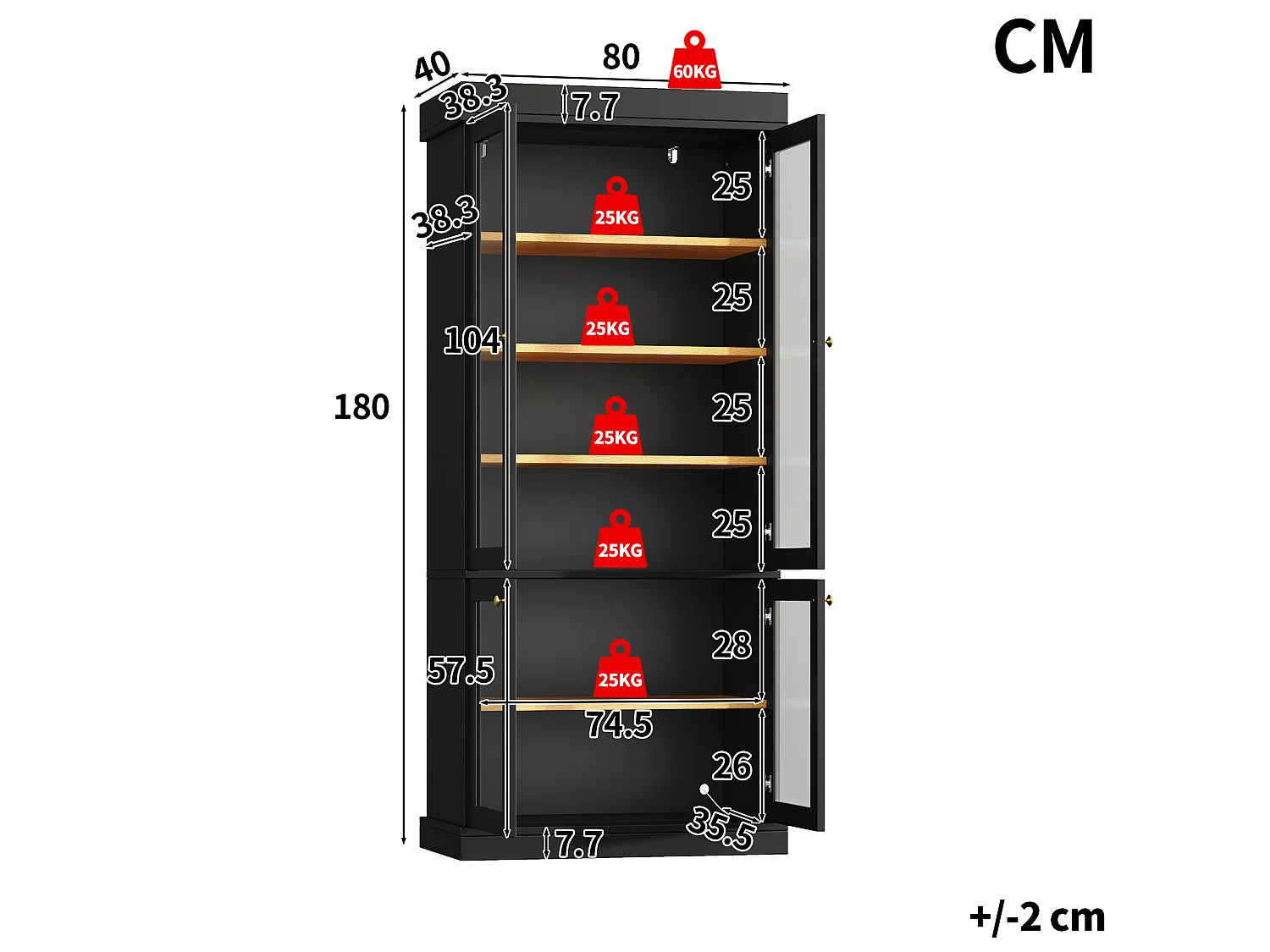 Vitrine haute 80x40x180 cm avec LED et 4 portes verre - Noir