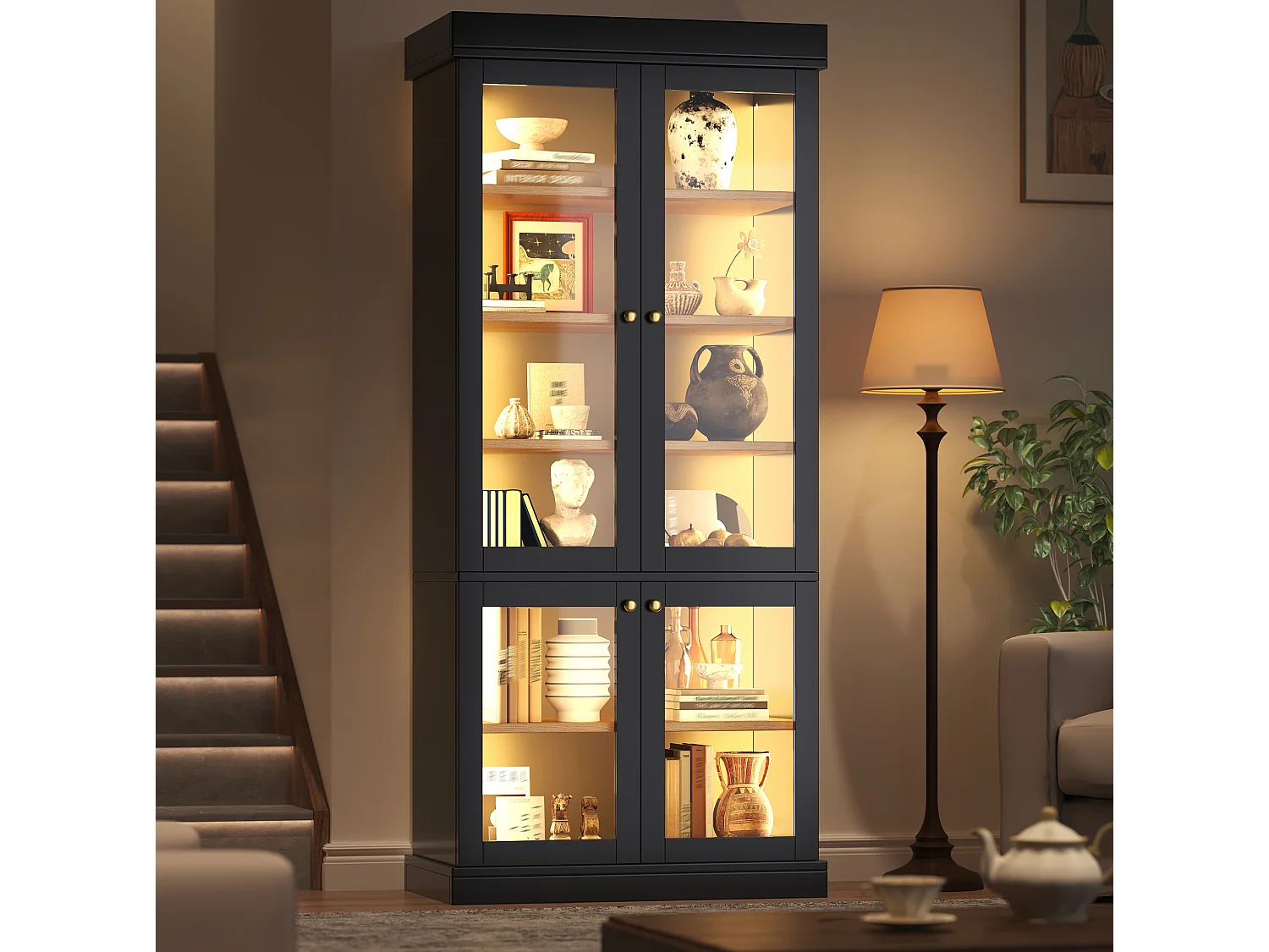 Vitrine haute 80x40x180 cm avec LED et 4 portes verre - Noir