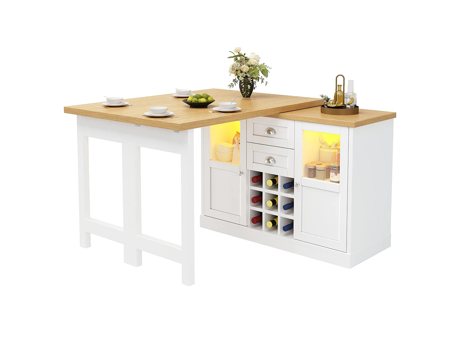 Bar com tampo giratório, garrafeira, 2 gavetas e 2 portas - Branco