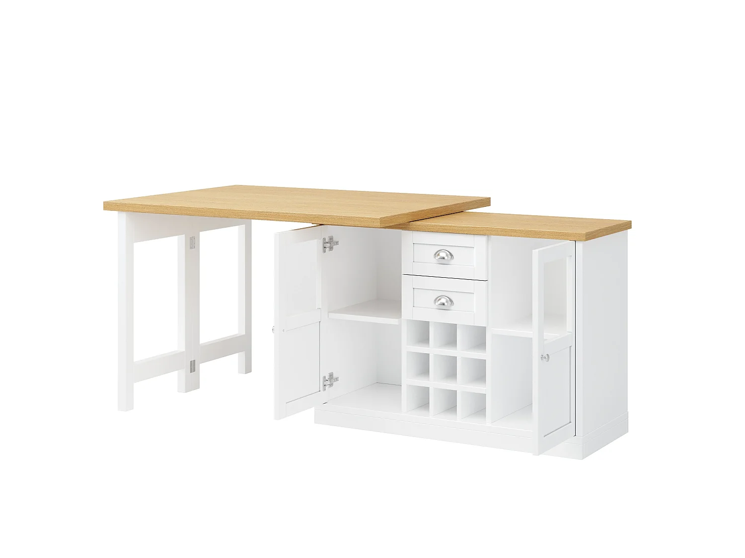 Bar com tampo giratório, garrafeira, 2 gavetas e 2 portas - Branco