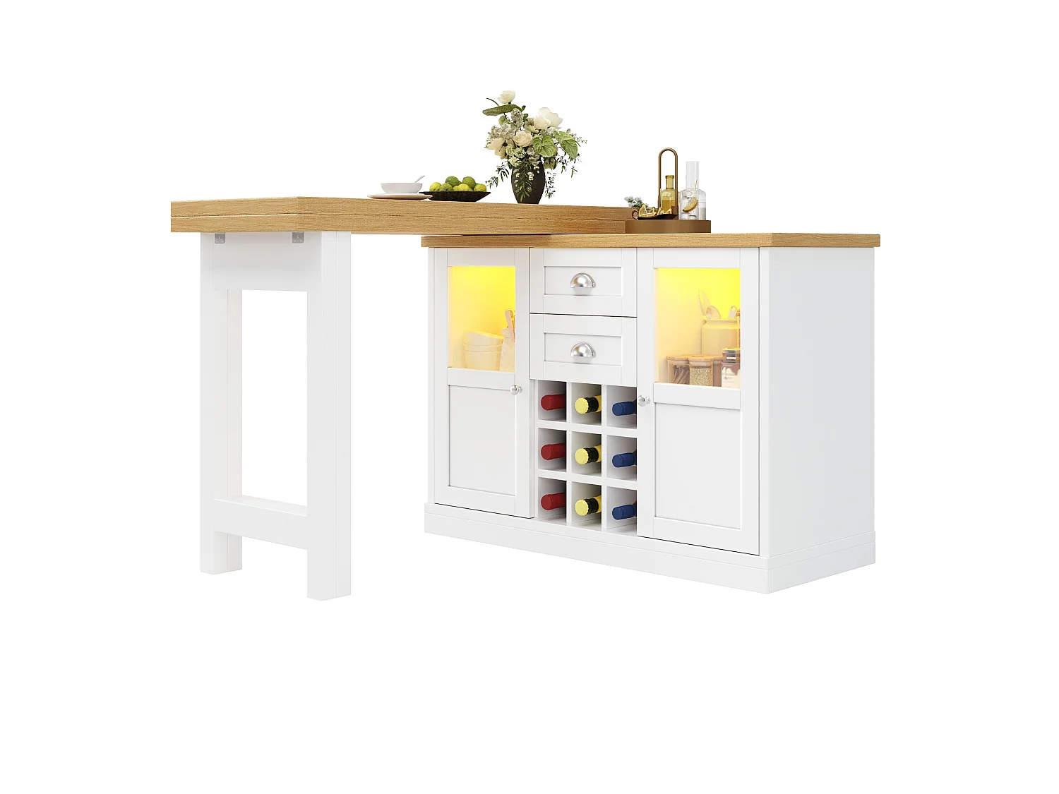 Bar com tampo giratório, garrafeira, 2 gavetas e 2 portas - Branco