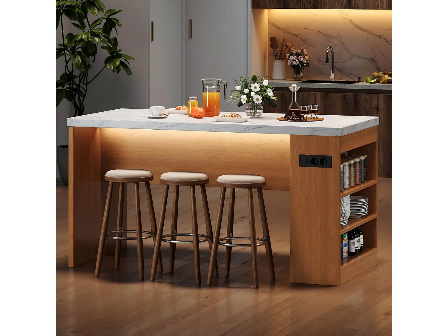 Îlot de cuisine avec LED, prises USB et étagères - Plateau effet marbre - Blanc et bois