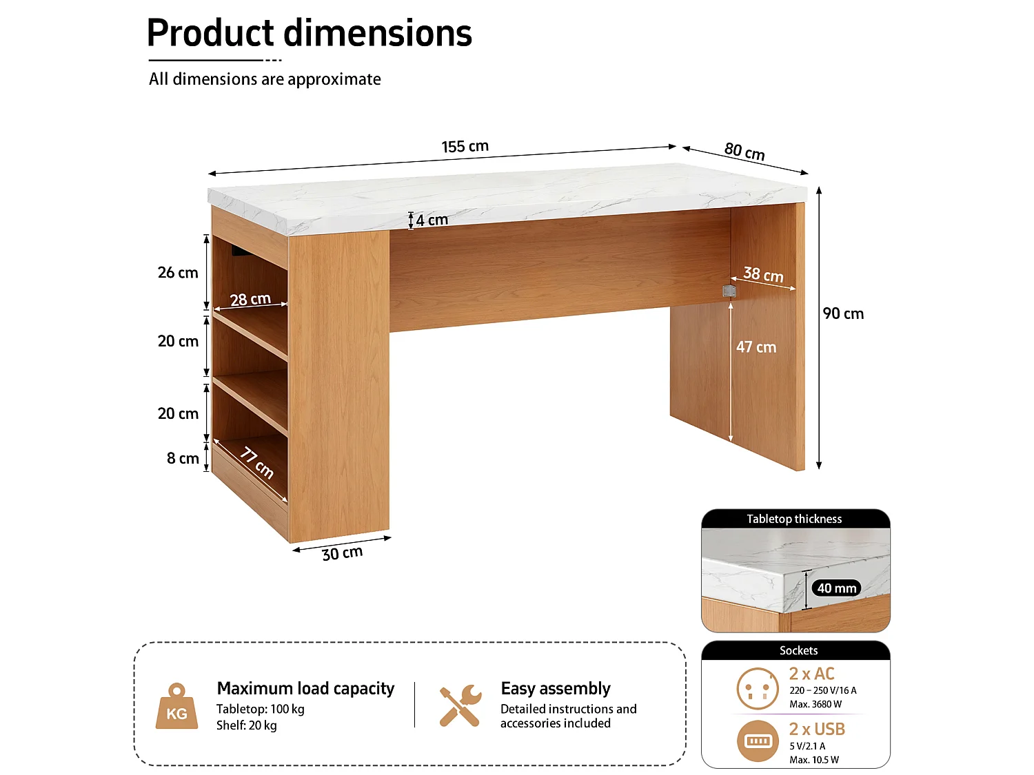 Îlot de cuisine avec LED, prises USB et étagères - Plateau effet marbre - Blanc et bois