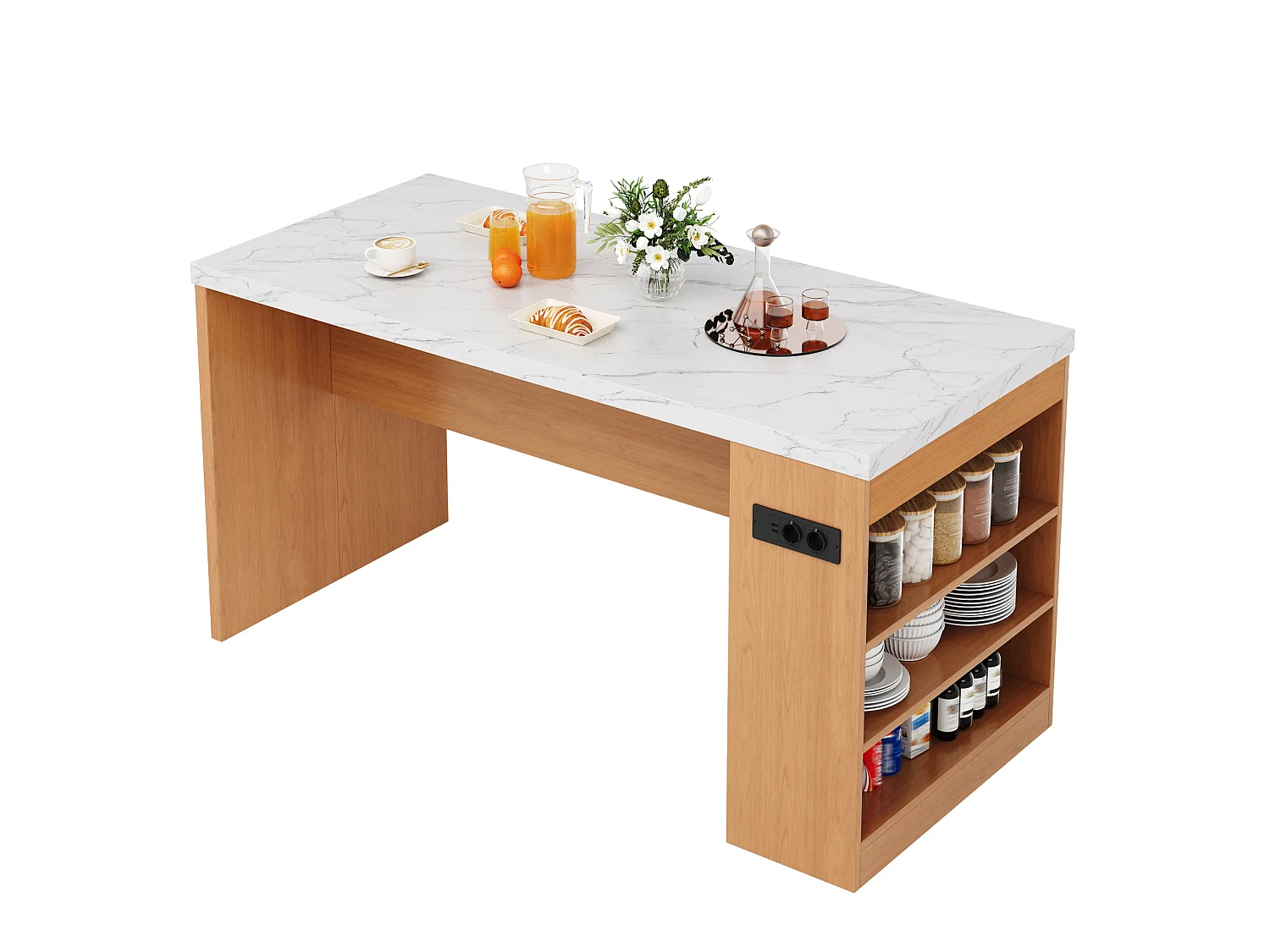 Îlot de cuisine avec LED, prises USB et étagères - Plateau effet marbre - Blanc et bois
