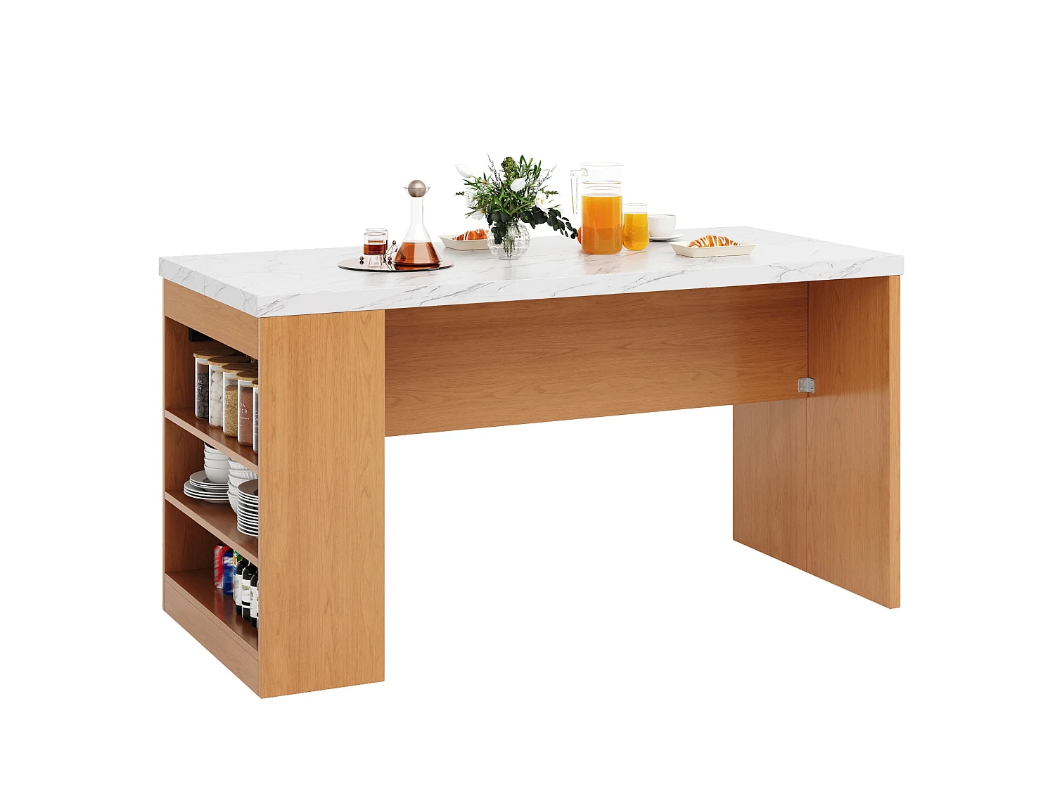 Îlot de cuisine avec LED, prises USB et étagères - Plateau effet marbre - Blanc et bois
