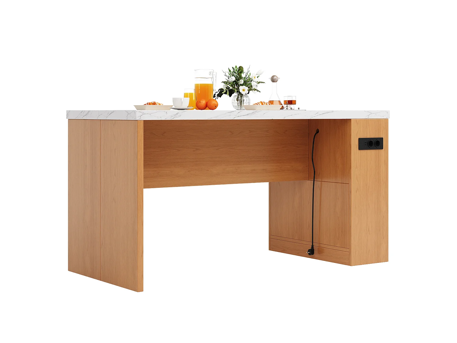 Îlot de cuisine avec LED, prises USB et étagères - Plateau effet marbre - Blanc et bois
