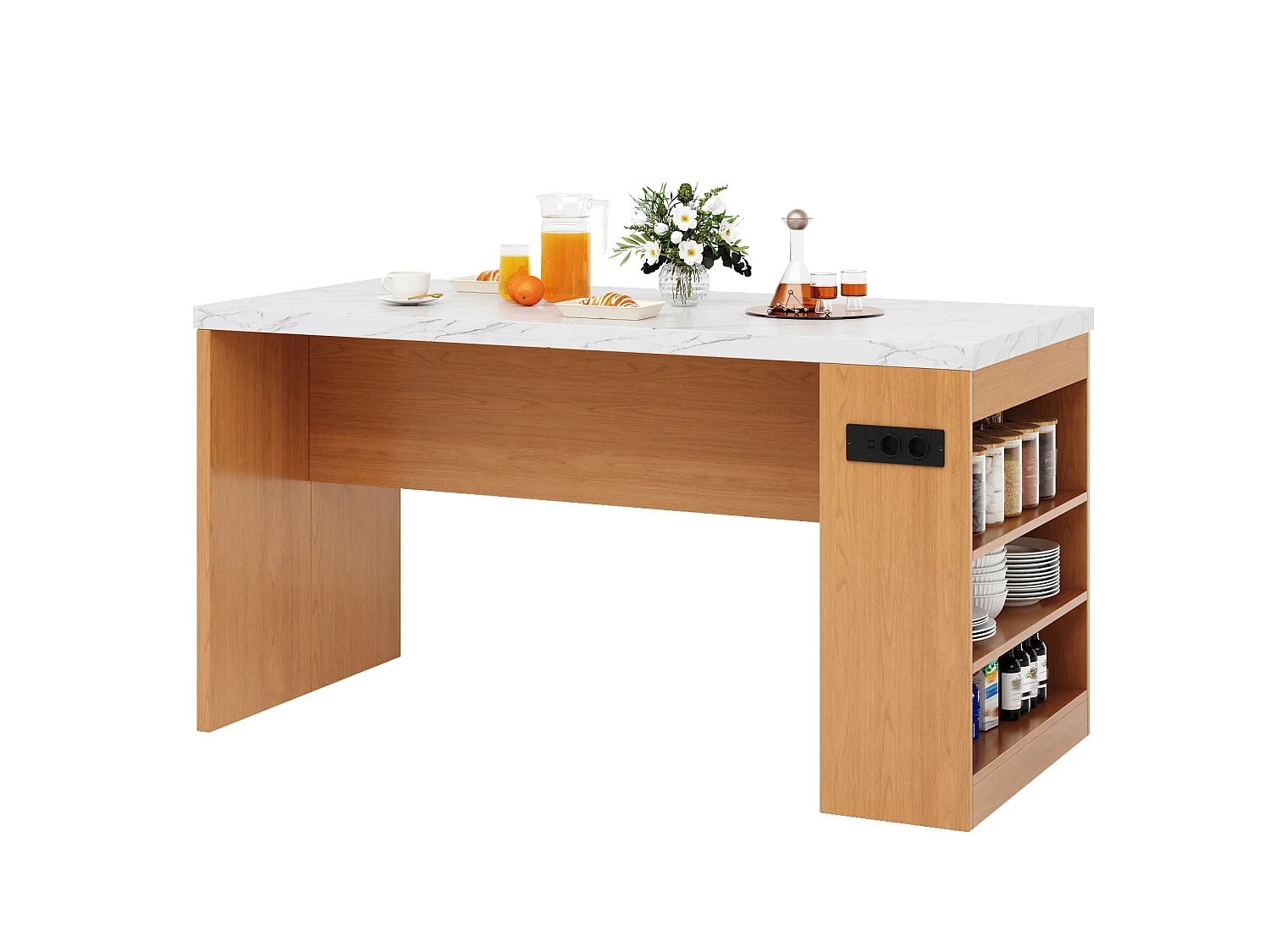 Îlot de cuisine avec LED, prises USB et étagères - Plateau effet marbre - Blanc et bois