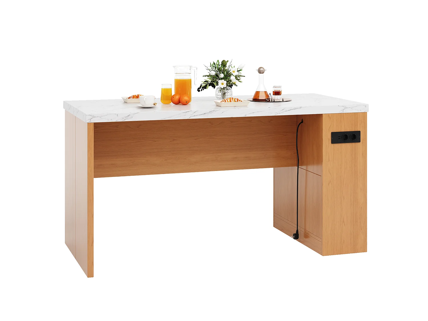 Îlot de cuisine avec LED, prises USB et étagères - Plateau effet marbre - Blanc et bois