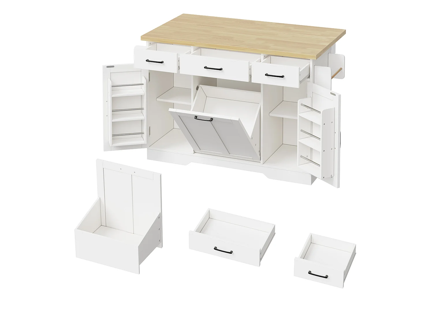 Îlot de cuisine avec plateau rabattable, 3 tiroirs, portes et roulettes - Blanc