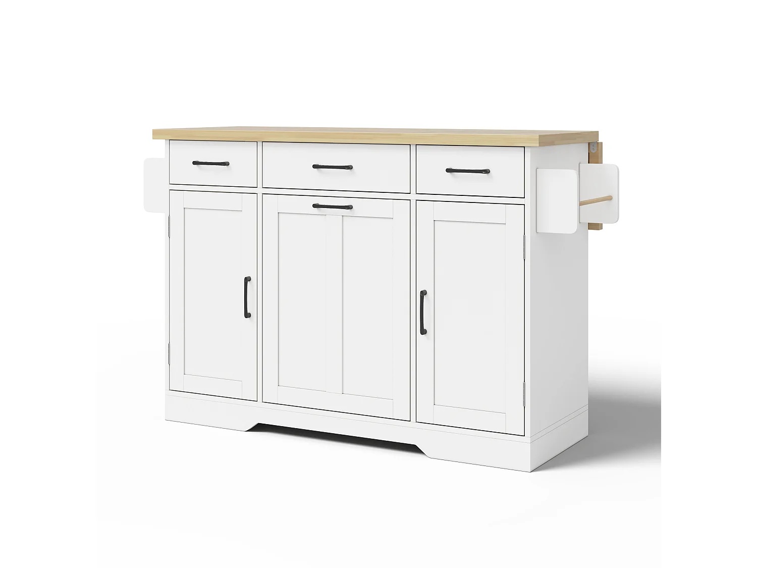 Îlot de cuisine avec plateau rabattable, 3 tiroirs, portes et roulettes - Blanc