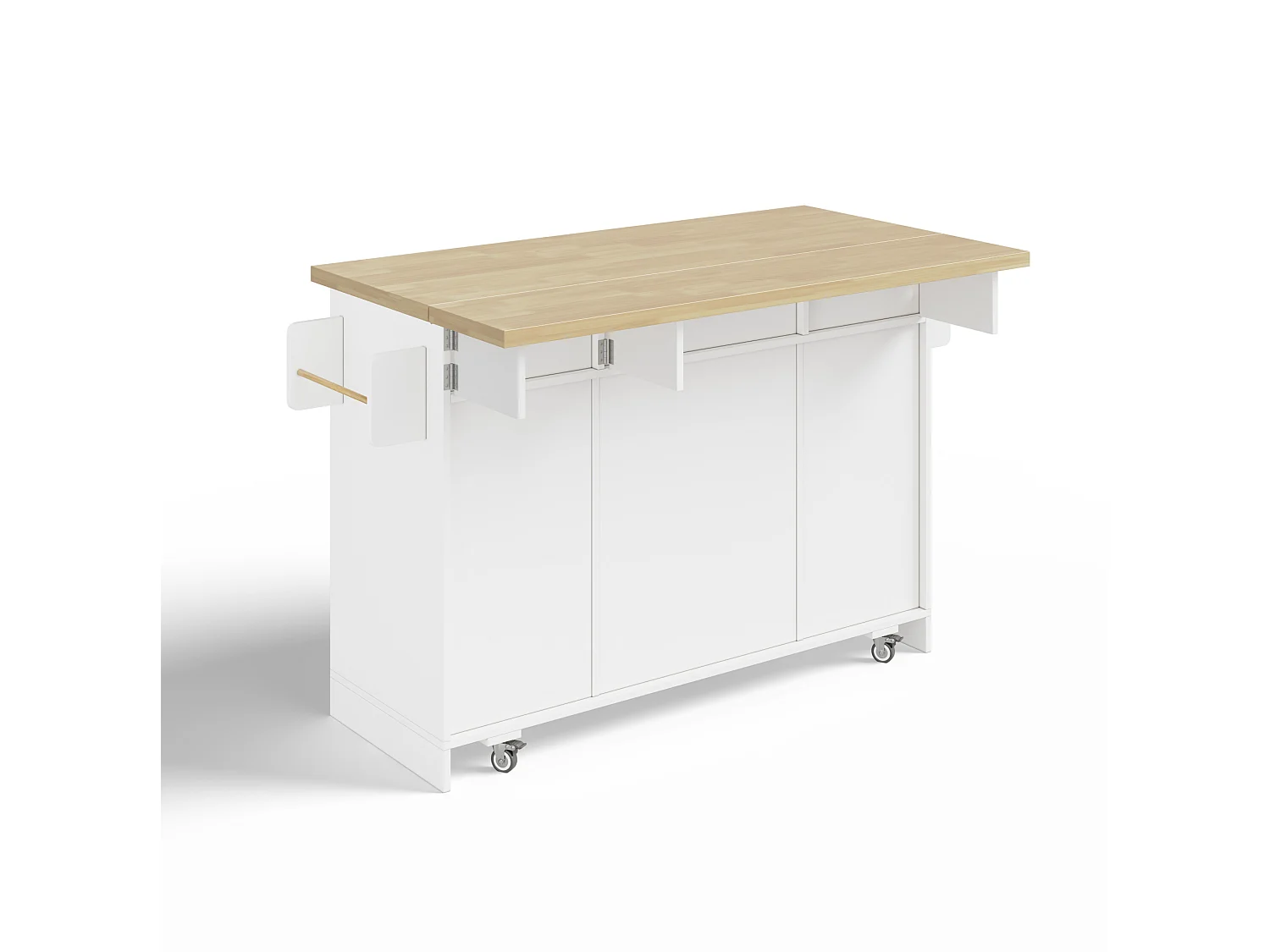 Îlot de cuisine avec plateau rabattable, 3 tiroirs, portes et roulettes - Blanc