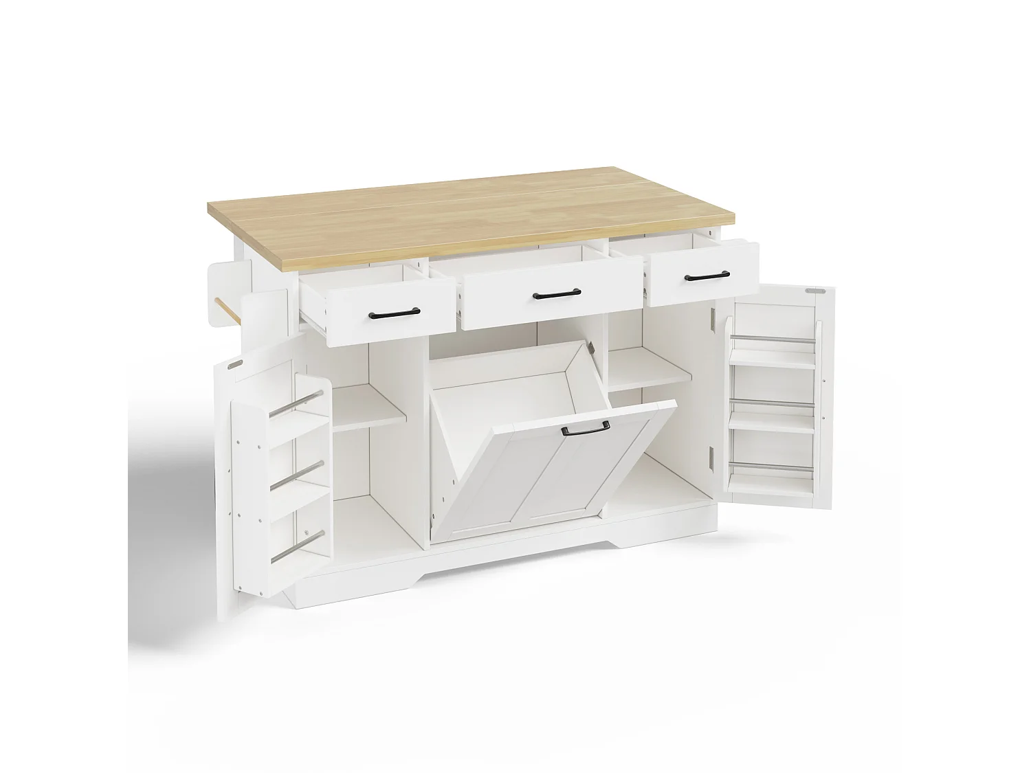 Îlot de cuisine avec plateau rabattable, 3 tiroirs, portes et roulettes - Blanc