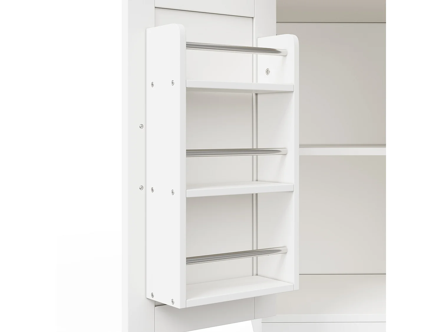 Îlot de cuisine avec plateau rabattable, 3 tiroirs, portes et roulettes - Blanc