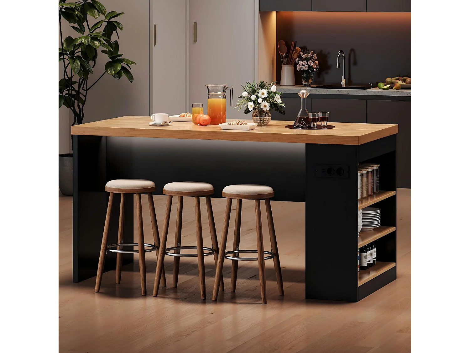 Îlot de cuisine avec LED, prises USB et étagères - Noir et bois