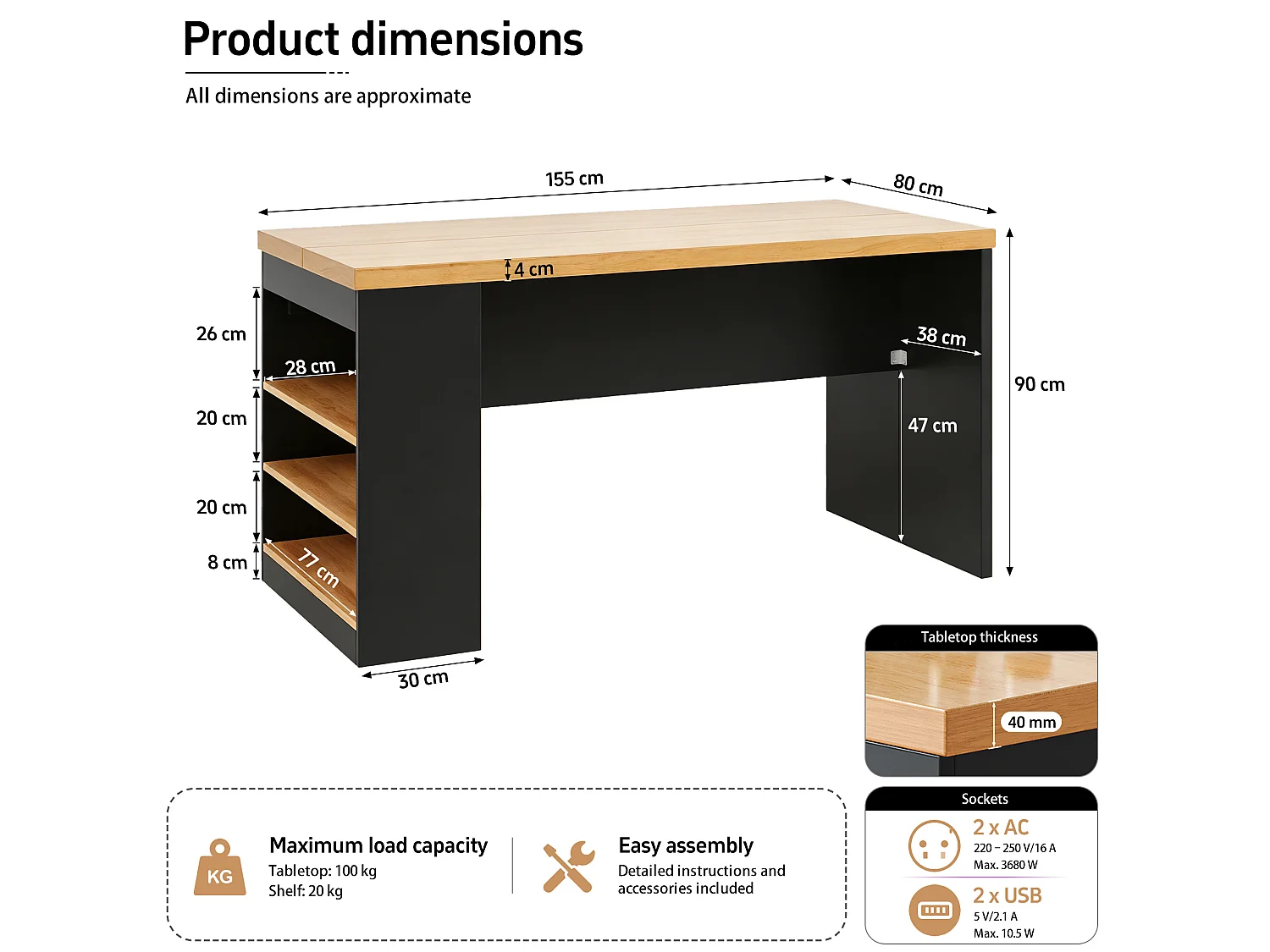 Îlot de cuisine avec LED, prises USB et étagères - Noir et bois