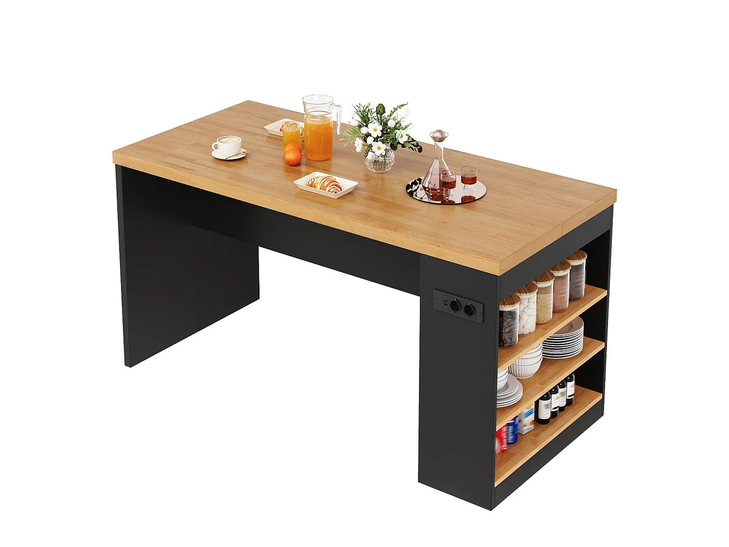 Îlot de cuisine avec LED, prises USB et étagères - Noir et bois