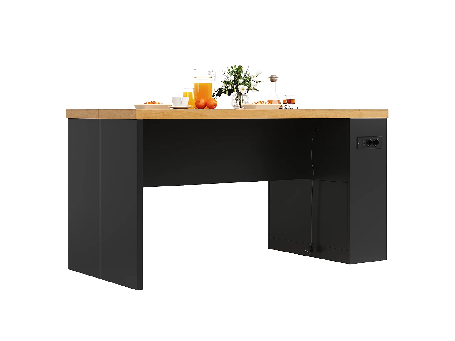 Îlot de cuisine avec LED, prises USB et étagères - Noir et bois