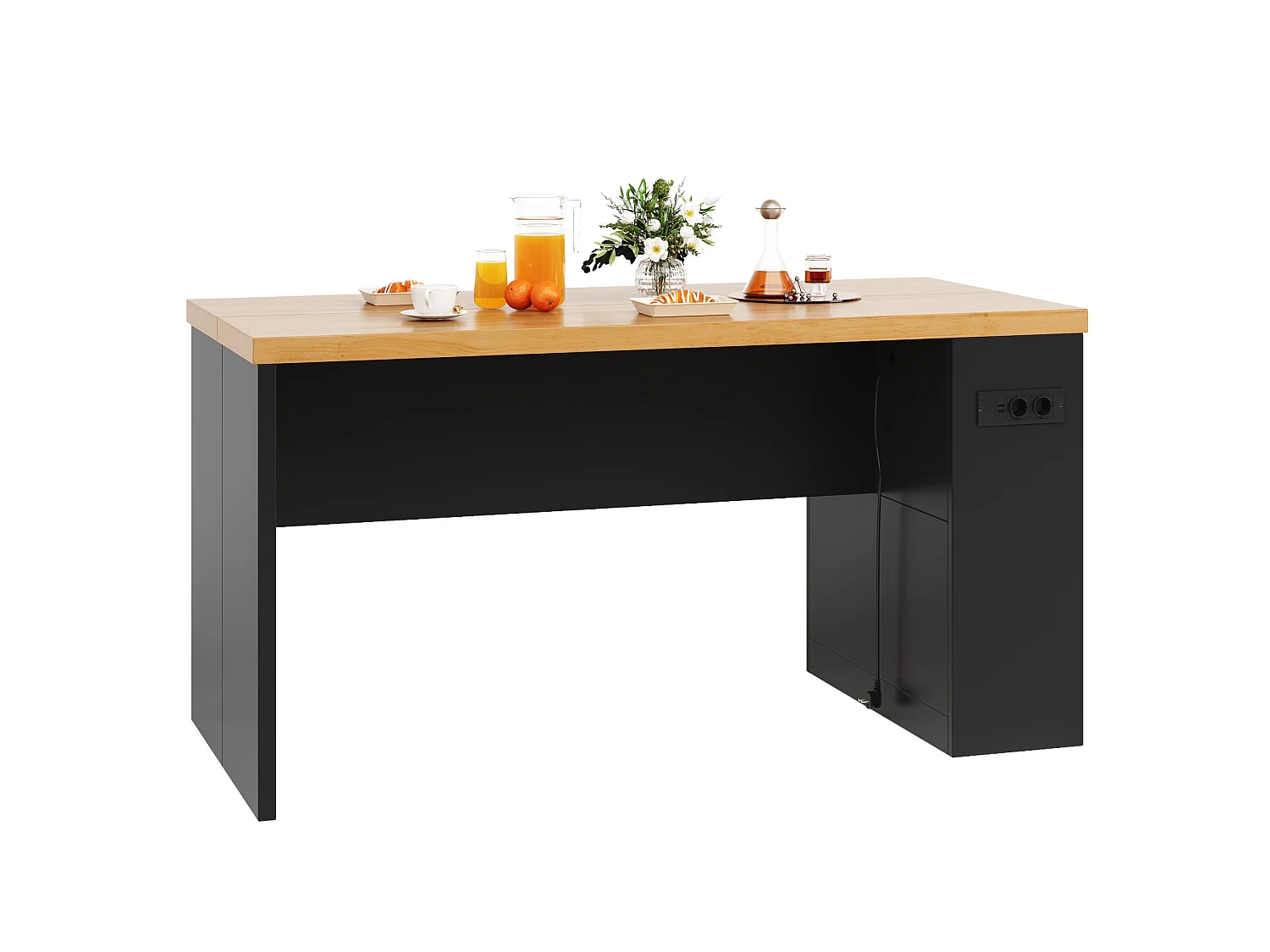 Îlot de cuisine avec LED, prises USB et étagères - Noir et bois