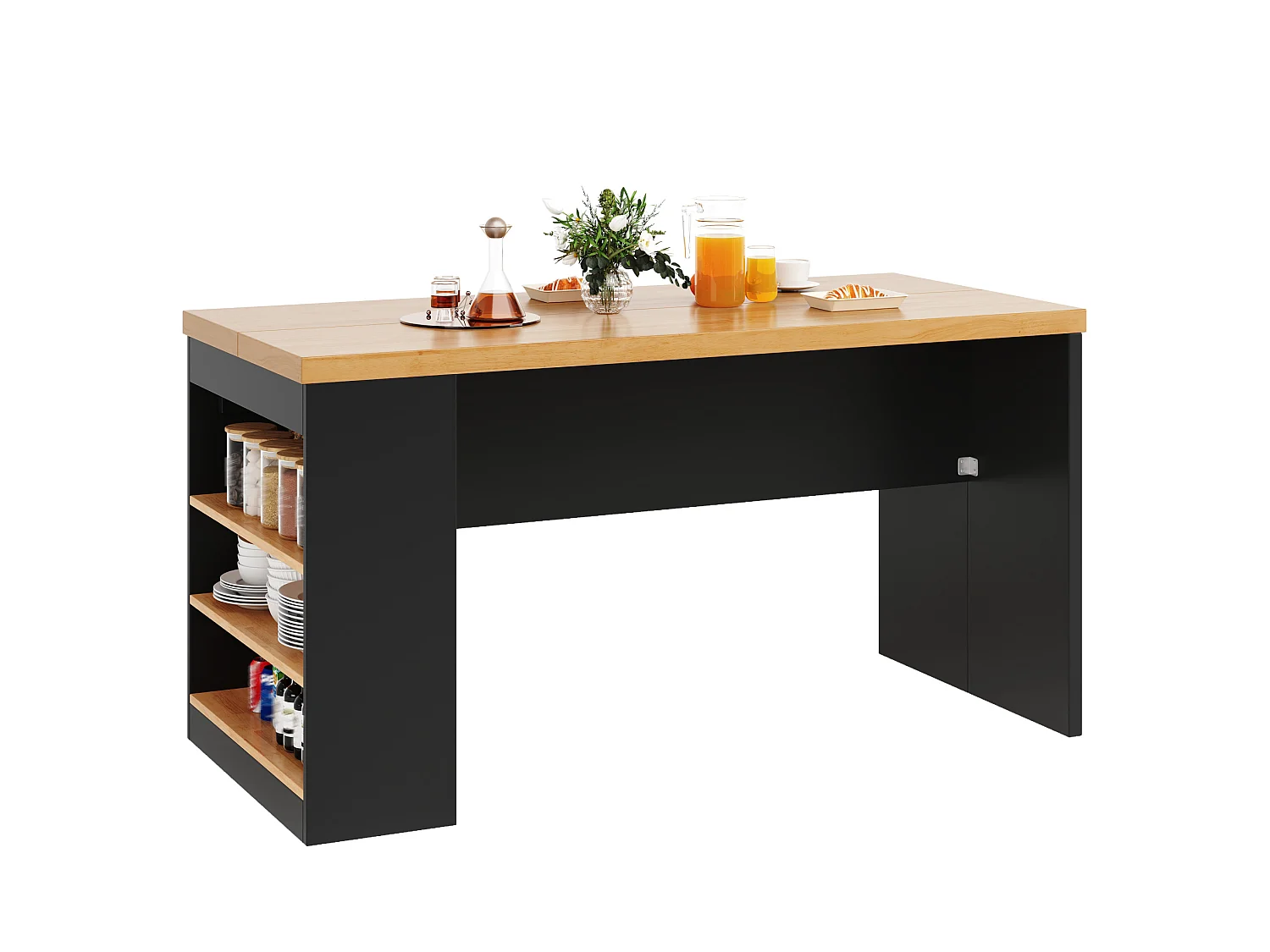 Îlot de cuisine avec LED, prises USB et étagères - Noir et bois