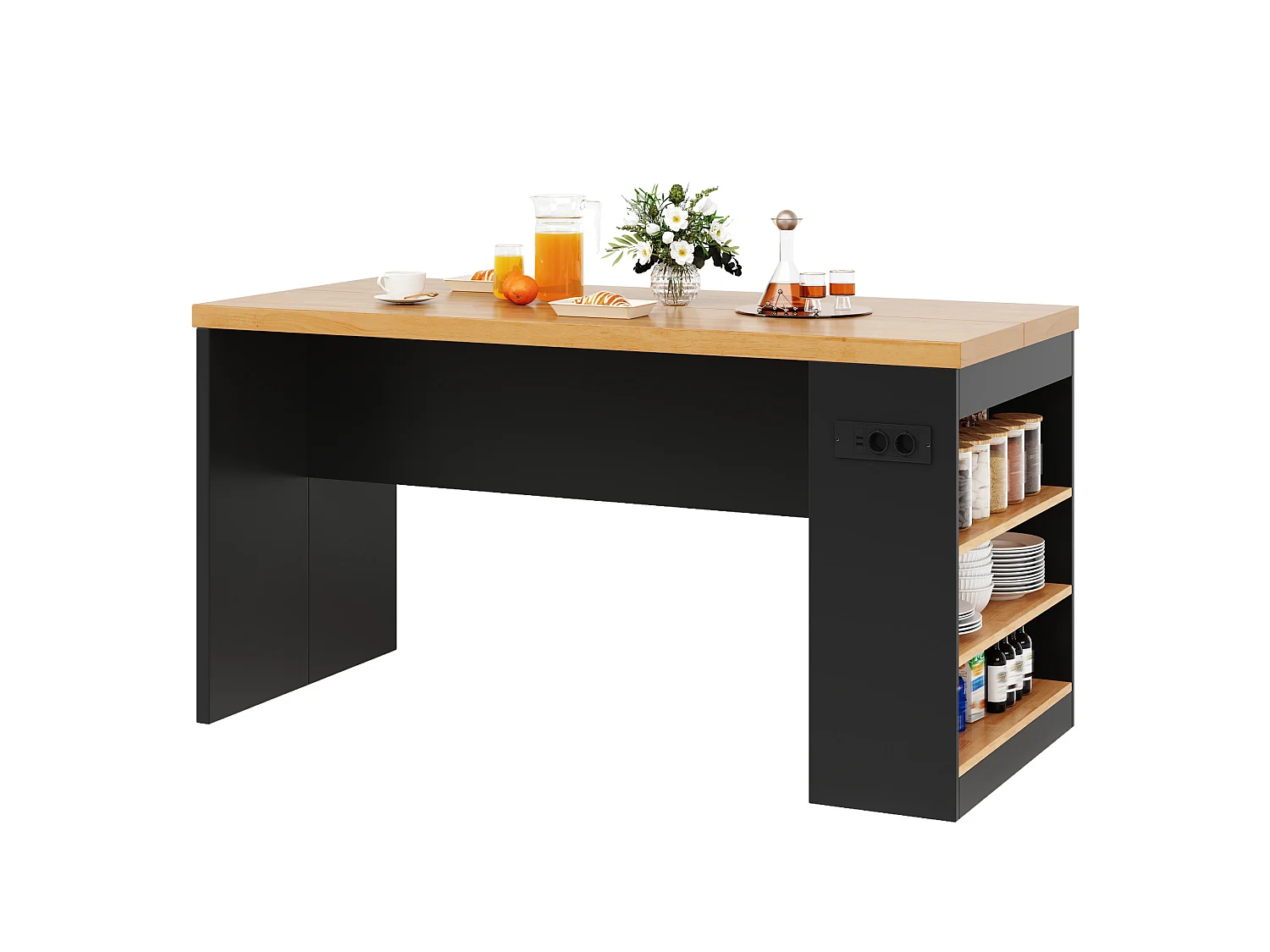Îlot de cuisine avec LED, prises USB et étagères - Noir et bois
