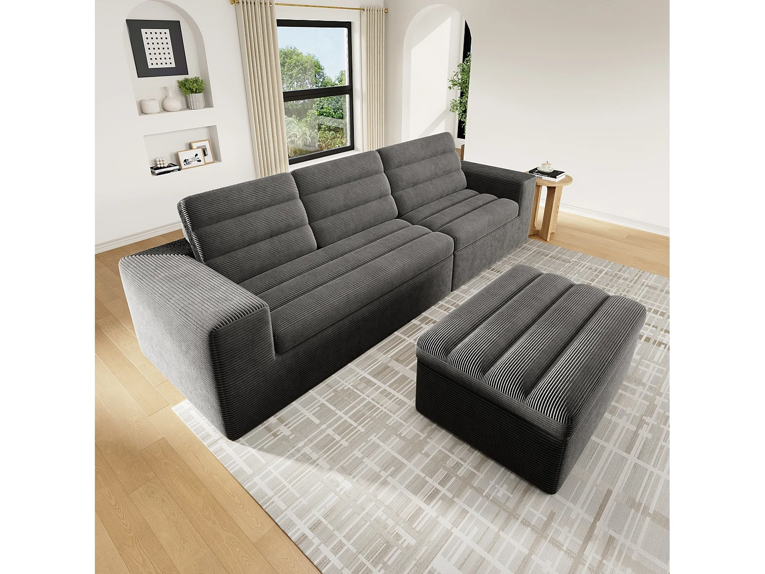 Sofá de canto modular de 3 lugares com pufe, sem necessidade de montagem - Veludo cotelê cinzento escuro