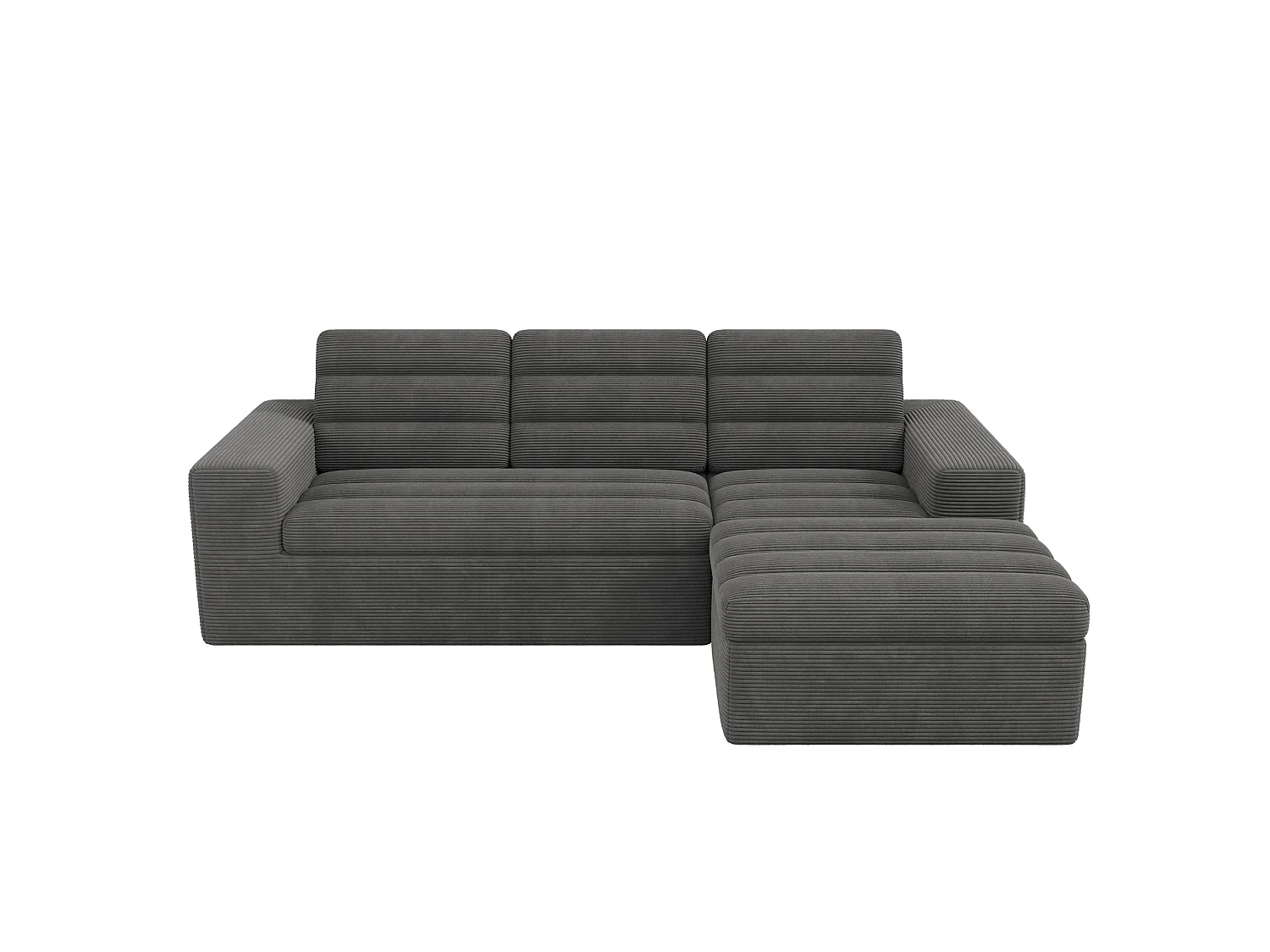 Sofá de canto modular de 3 lugares com pufe, sem necessidade de montagem - Veludo cotelê cinzento escuro