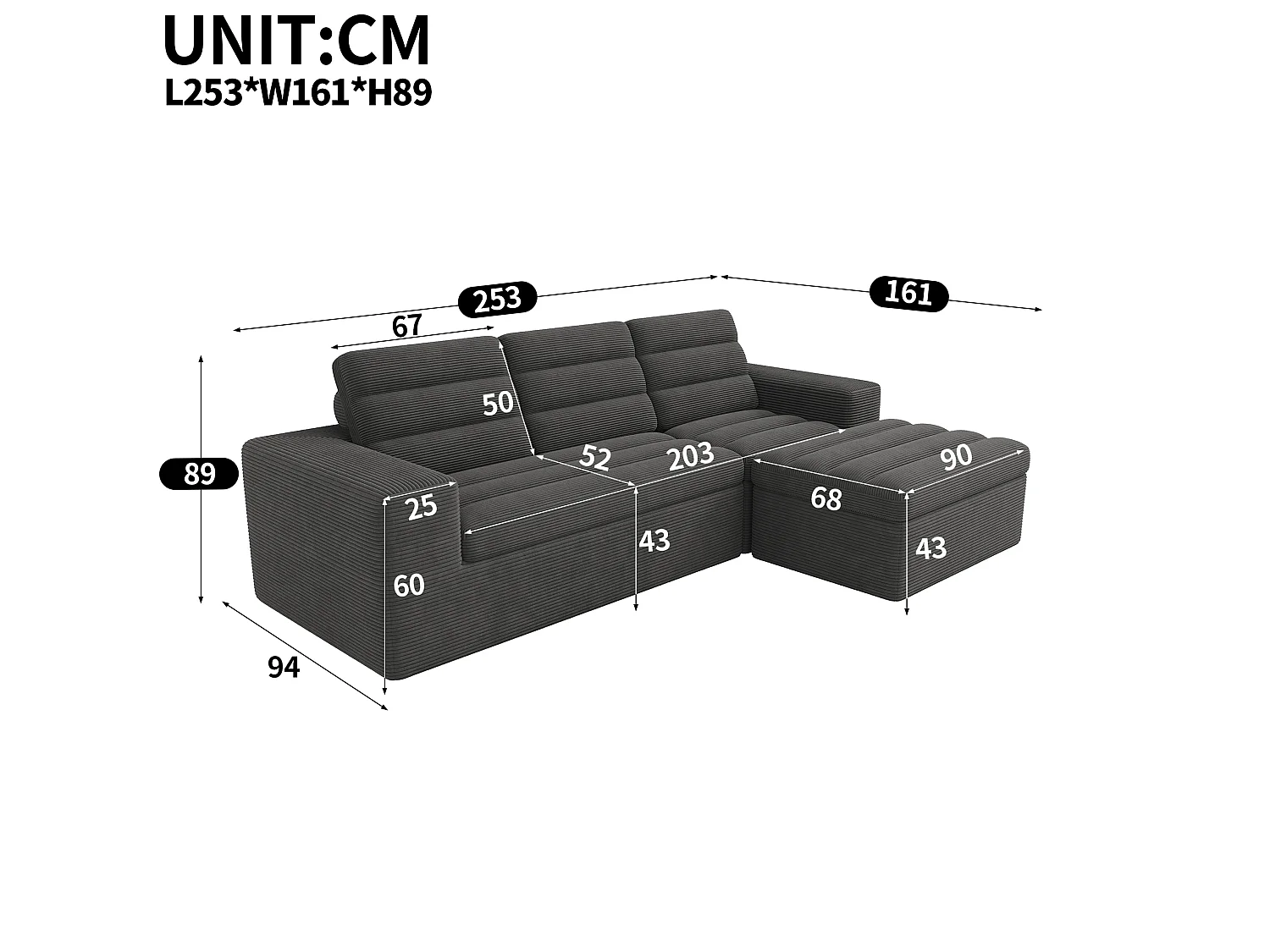 Sofá de canto modular de 3 lugares com pufe, sem necessidade de montagem - Veludo cotelê cinzento escuro